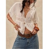 image:imageGORGLITTER Womens Floral Lace Tops Short Sleeve V Neck Button Down Shirts Boho See Through Babydoll Going Out BlouseWhite