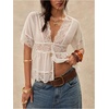 image:imageGORGLITTER Womens Floral Lace Tops Short Sleeve V Neck Button Down Shirts Boho See Through Babydoll Going Out BlouseWhite