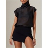 image:imageGORGLITTER Womens High Neck Mesh Top Sheer Cap Sleeve Organza Blouses  Cap Sleeve See Through Tops Oversized Dressy Casual Shirt Party Date Night Going Out OutfitsBlack