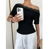 image:imageGORGLITTER Womens Lace Off The Shoulder Short Sleeve Cinched Waist Top  Asymmetrical Tops for Women Going Out Outfits Blouses for Women Dressy Casual One Shoulder TopsBlack