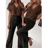 image:imageGORGLITTER Womens Lace Short Sleeve V Neck Casual Tee T Shirts Tops  Lace V Neck Country Concert Dressy Date Night Party Brunch Blouse Going Out Tops Trendy 2026Brown