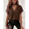 image:imageGORGLITTER Womens Lace Short Sleeve V Neck Casual Tee T Shirts Tops  Lace V Neck Country Concert Dressy Date Night Party Brunch Blouse Going Out Tops Trendy 2026Brown