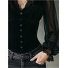 image:imageGORGLITTER Womens Lace Velvet Top Goth Mesh Lantern Long Sleeve Button Down Shirt Blouse Casual Gothic Festival OutfitBlack