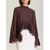 image:imageGORGLITTER Womens Long Sleeve Chiffon Blouse Ruffle Crop Tops Fall Outfits  Asymmetrical Bell Sleeve Flowy Tie Back Ruffle Hem Old Money Style Dressy Long Sleeve Work BlouseBrown