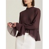 image:imageGORGLITTER Womens Long Sleeve Chiffon Blouse Ruffle Crop Tops Fall Outfits  Asymmetrical Bell Sleeve Flowy Tie Back Ruffle Hem Old Money Style Dressy Long Sleeve Work BlouseBrown
