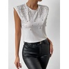 image:imageGORGLITTER Womens Pearl Beaded Top Sleeveless Blouses Dressy Casual Outfit  Crew Neck Shoulder Pad Tee TShirt Fashion Fancy Clothes Summer Vacation Going Out OutfitsSolid White