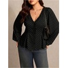 image:imageGORGLITTER Womens Plus Size Date Night Tops Polka Dots Lace Bishop Long Sleeve Deep V Peplum Shirts Flowy Blouse TopsBlack