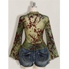 image:imageGORGLITTER Womens Plus Size Mesh Bell Sleeve Top 70s Tie Front Paisley Boho Peplum Babydoll Tops BlouseGreen