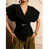image:imageGORGLITTER Womens Plus Size Metal Wrap Top Dressy Casual V Neck Dolman Short Sleeve Blouse Elegant Business Shirt