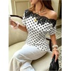 image:imageGORGLITTER Womens Polka Dots Satin Lace Off The Shoulder Top Dressy Casual  One Shoulder Short Sleeve Blouses Lace Up Asymmetrical Tops Business Office Siren ClothesBlack and White