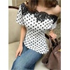 image:imageGORGLITTER Womens Polka Dots Satin Lace Off The Shoulder Top Dressy Casual  One Shoulder Short Sleeve Blouses Lace Up Asymmetrical Tops Business Office Siren ClothesBlack and White