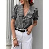 image:imageGORGLITTER Womens Puff Short Sleeve Gingham Top Blouses Dressy Casual  Bow Tie Front Button Up Collared Shirts Vacation Going Out Outfits Cute Fashion ClothesBlack and White