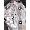 image:imageGORGLITTER Womens Rhinestone Top Blouses Dressy Business Casual Outfits  Floral Striped Button Up Long Sleeve Shirts Work Office Outfits Fall Fancy ClothesBlack and White