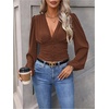 image:imageGORGLITTER Womens Ruched V Neck Blouse Business Casual Cinched Waist Top  Lantern Sleeve Blouse Date Night Tops Sexy Shirts for Women Going Out Dressy Crop BlouseChocolate Brown