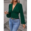 image:imageGORGLITTER Womens Ruched V Neck Blouse Business Casual Cinched Waist Top  Lantern Sleeve Blouse Date Night Tops Sexy Shirts for Women Going Out Dressy Crop BlouseDark Green