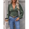 image:imageGORGLITTER Womens Ruched V Neck Blouse Business Casual Cinched Waist Top  Lantern Sleeve Blouse Date Night Tops Sexy Shirts for Women Going Out Dressy Crop BlouseArmy Green