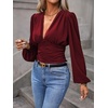 image:imageGORGLITTER Womens Ruched V Neck Blouse Business Casual Cinched Waist Top  Lantern Sleeve Blouse Date Night Tops Sexy Shirts for Women Going Out Dressy Crop BlouseBurgundy