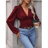 image:imageGORGLITTER Womens Ruched V Neck Blouse Business Casual Cinched Waist Top  Lantern Sleeve Blouse Date Night Tops Sexy Shirts for Women Going Out Dressy Crop BlouseBurgundy