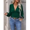 image:imageGORGLITTER Womens Ruched V Neck Blouse Business Casual Cinched Waist Top  Lantern Sleeve Blouse Date Night Tops Sexy Shirts for Women Going Out Dressy Crop BlouseDark Green