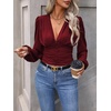 image:imageGORGLITTER Womens Ruched V Neck Blouse Business Casual Cinched Waist Top  Lantern Sleeve Blouse Date Night Tops Sexy Shirts for Women Going Out Dressy Crop BlouseBurgundy