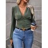 image:imageGORGLITTER Womens Ruched V Neck Blouse Business Casual Cinched Waist Top  Lantern Sleeve Blouse Date Night Tops Sexy Shirts for Women Going Out Dressy Crop BlouseArmy Green