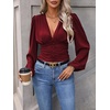 image:imageGORGLITTER Womens Ruched V Neck Blouse Business Casual Cinched Waist Top  Lantern Sleeve Blouse Date Night Tops Sexy Shirts for Women Going Out Dressy Crop BlouseBurgundy