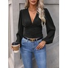 image:imageGORGLITTER Womens Ruched V Neck Blouse Business Casual Cinched Waist Top  Lantern Sleeve Blouse Date Night Tops Sexy Shirts for Women Going Out Dressy Crop BlouseBlack