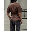 image:imageGORGLITTER Womens Satin Lace Tops Ruched Tie Back Cinched Waist Short Sleeve T Shirt Boat Neck Dressy Casual TeeBrown