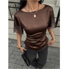 image:imageGORGLITTER Womens Satin Lace Tops Ruched Tie Back Cinched Waist Short Sleeve T Shirt Boat Neck Dressy Casual TeeBrown