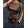 image:imageGORGLITTER Womens Satin Lace Tops Ruched Tie Back Cinched Waist Short Sleeve T Shirt Boat Neck Dressy Casual TeeBrown