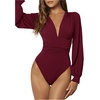 image:imageGORGLITTER Womens Sexy Ruched Deep V Neck Long Sleeve Bodysuit Blouse Tops  Thick and Enough Coverage Tummy Control Lantern Sleeves Stretch Comfort Crotch SnapsBurgundy