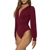 image:imageGORGLITTER Womens Sexy Ruched Deep V Neck Long Sleeve Bodysuit Blouse Tops  Thick and Enough Coverage Tummy Control Lantern Sleeves Stretch Comfort Crotch SnapsBurgundy