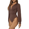 image:imageGORGLITTER Womens Sexy Ruched Deep V Neck Long Sleeve Bodysuit Blouse Tops  Thick and Enough Coverage Tummy Control Lantern Sleeves Stretch Comfort Crotch SnapsBrown