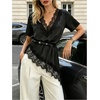 image:imageGORGLITTER Womens Silk Lace Top Blouse Asymmetrical Short Sleeve V Neck Loose Fit Summer Dressy Casual ShirtsBlack
