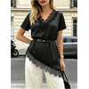 image:imageGORGLITTER Womens Silk Lace Top Blouse Asymmetrical Short Sleeve V Neck Loose Fit Summer Dressy Casual ShirtsBlack