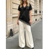 image:imageGORGLITTER Womens Silk Lace Top Blouse Asymmetrical Short Sleeve V Neck Loose Fit Summer Dressy Casual ShirtsBlack