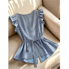 image:imageGORGLITTER Womens Striped Babydoll Peplum Tops Ruffle Wrap V Neck Blouse  Short Cap Sleeve Cinched Waist Dressy Elegant Shirts Business Casual Outfits Going Out OutfitsBlue and White