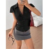 image:imageGORGLITTER Womens Striped Cute Button Up Shirt Short Sleeve Fitted Blouse  Collared Cropped Blouses Cap Sleeve V Neck Tie Back Preppy Going Out Tops Slim Fit StreetwearBlack