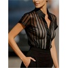image:imageGORGLITTER Womens Striped Shirt Top Sheer Mesh Formal Dressy Button Down Shirts See Through Short Sleeve Collard BlouseBlack