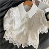 image:imageGORGLITTER Womens White Embroidered Lace Top Dressy Blouses Work Casual  Puff Sleeve Lace Eyelet Silky Floral Hem Button Down Shirt Crop Top Dressy Blouses for WorkWhite