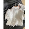 image:imageGORGLITTER Womens White Embroidered Lace Top Dressy Blouses Work Casual  Puff Sleeve Lace Eyelet Silky Floral Hem Button Down Shirt Crop Top Dressy Blouses for WorkWhite