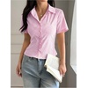 image:imageGORGLITTER Womens Y2k Striped Button Up Shirts Fitted Tops Dressy Casual  Cute Short Sleeve Cropped Blouses 2000s Clothing Summer Vacation Going Out OutfitsPink