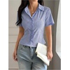 image:imageGORGLITTER Womens Y2k Striped Button Up Shirts Fitted Tops Dressy Casual  Cute Short Sleeve Cropped Blouses 2000s Clothing Summer Vacation Going Out OutfitsBlue