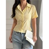 image:imageGORGLITTER Womens Y2k Striped Button Up Shirts Fitted Tops Dressy Casual  Cute Short Sleeve Cropped Blouses 2000s Clothing Summer Vacation Going Out OutfitsYellow