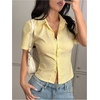 image:imageGORGLITTER Womens Y2k Striped Button Up Shirts Fitted Tops Dressy Casual  Cute Short Sleeve Cropped Blouses 2000s Clothing Summer Vacation Going Out OutfitsYellow