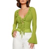 image:imageGORGLITTER Womens Bell Sleeve Tops Blouse Sheer Ruffle Western Outfits  Tie Front Long Sleeve Shirts Mesh Flowy Tops Cute Vintage Blouse Country Concert OutfitsGreen