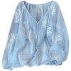 image:imageGORGLITTER Womens Boho Peasant Blouses Mesh Floral Embroidered Tops Chiffon Long Sleeve Button Down Shirts Casual OutfitsBlue