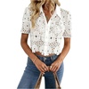 image:imageGORGLITTER Womens Crochet Cropped Button Up Shirt Floral Hollow Out Short Sleeve Collar Blouses Beach Vacation TopsWhite