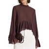 image:imageGORGLITTER Womens Long Sleeve Chiffon Blouse Ruffle Crop Tops Fall Outfits  Asymmetrical Bell Sleeve Flowy Tie Back Ruffle Hem Old Money Style Dressy Long Sleeve Work BlouseBrown