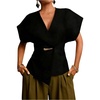 image:imageGORGLITTER Womens Plus Size Metal Wrap Top Dressy Casual V Neck Dolman Short Sleeve Blouse Elegant Business Shirt Black XXLarge Plus